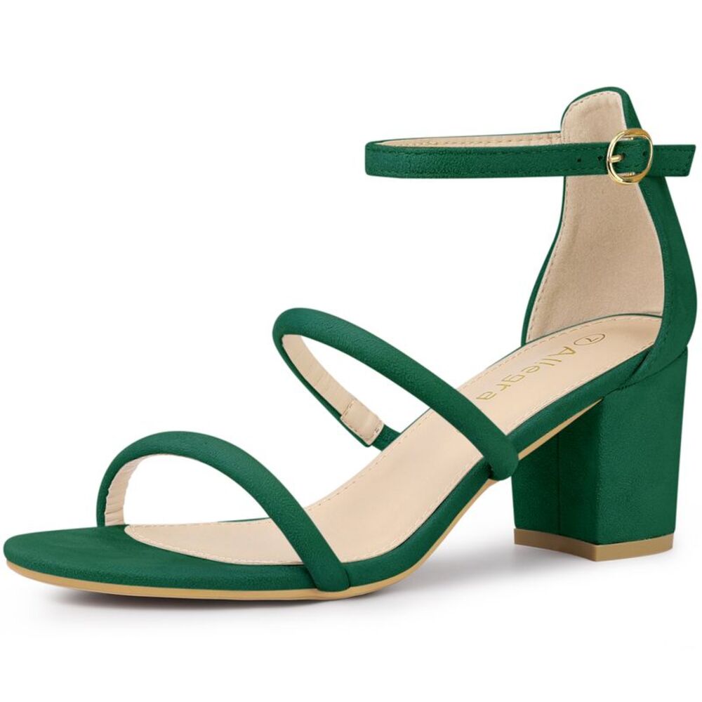 Open Toe Strappy Green Chunky Heels Sandals - Picture 1 of 6